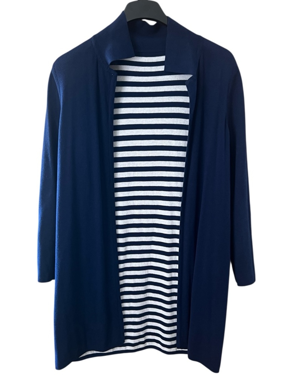 New Chico's Reversible Striped Cardigan Sweater Long Navy Nautical US Size L